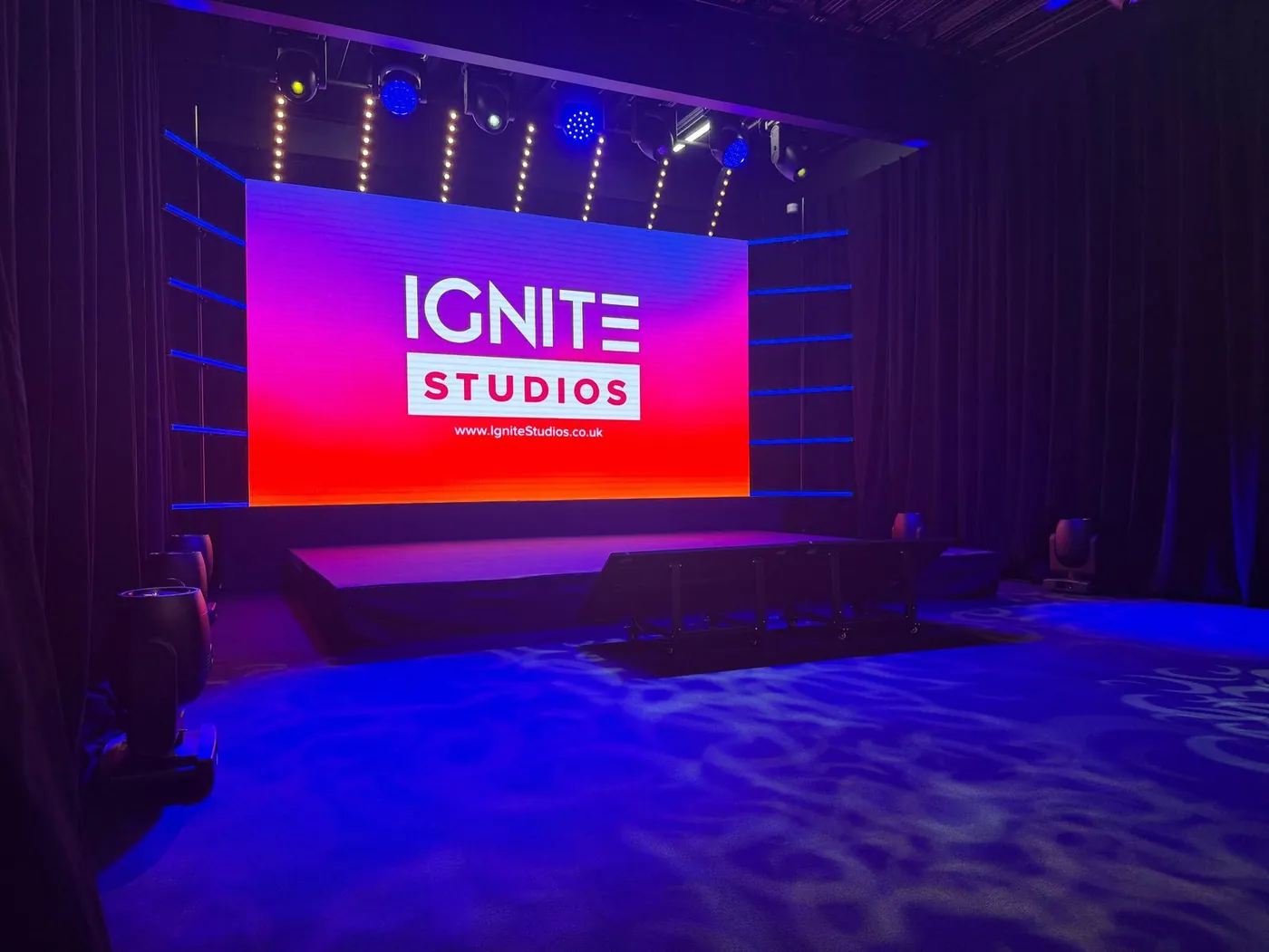 Studio A at IGNITE Studios, Watford: LED wall, stage and lighting rig